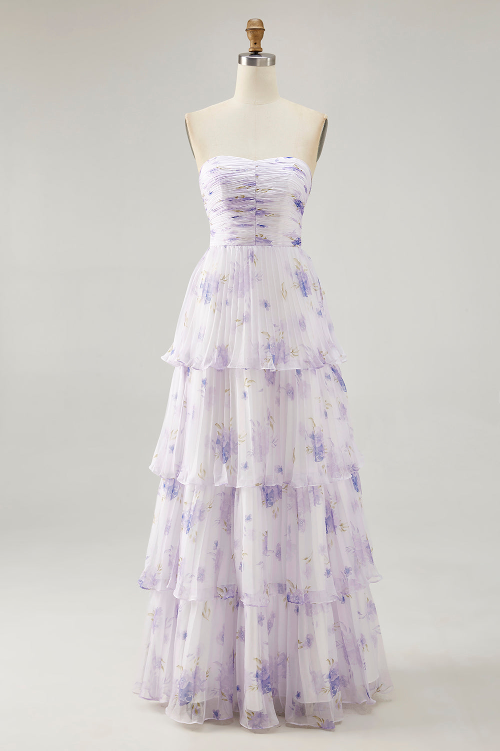 Lavender Floral A Line Long Pleated Bridesmaid Dress with Ruffles