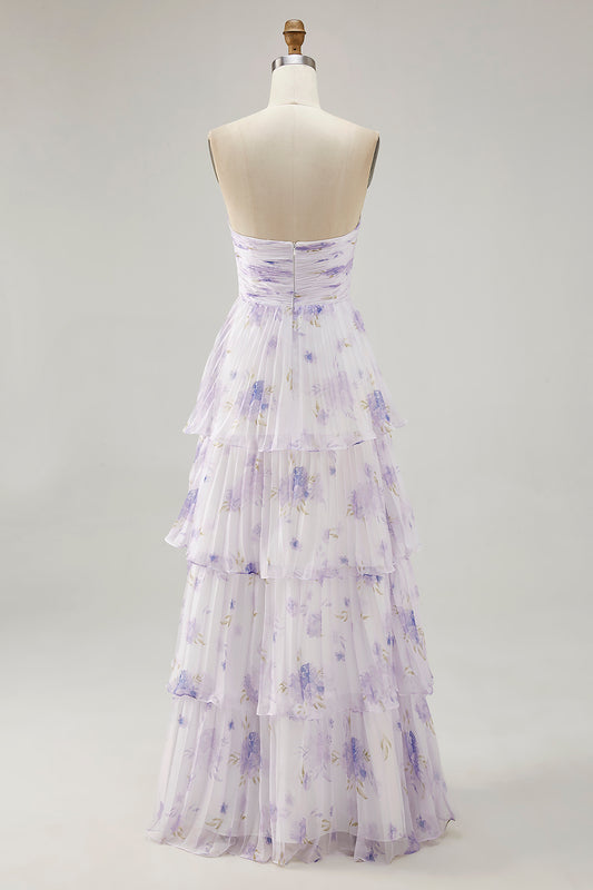 Lavender Floral Strapless Pleated Long Bridesmaid Dress with Ruffles