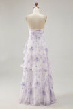 Lavender Floral A Line Long Pleated Bridesmaid Dress with Ruffles