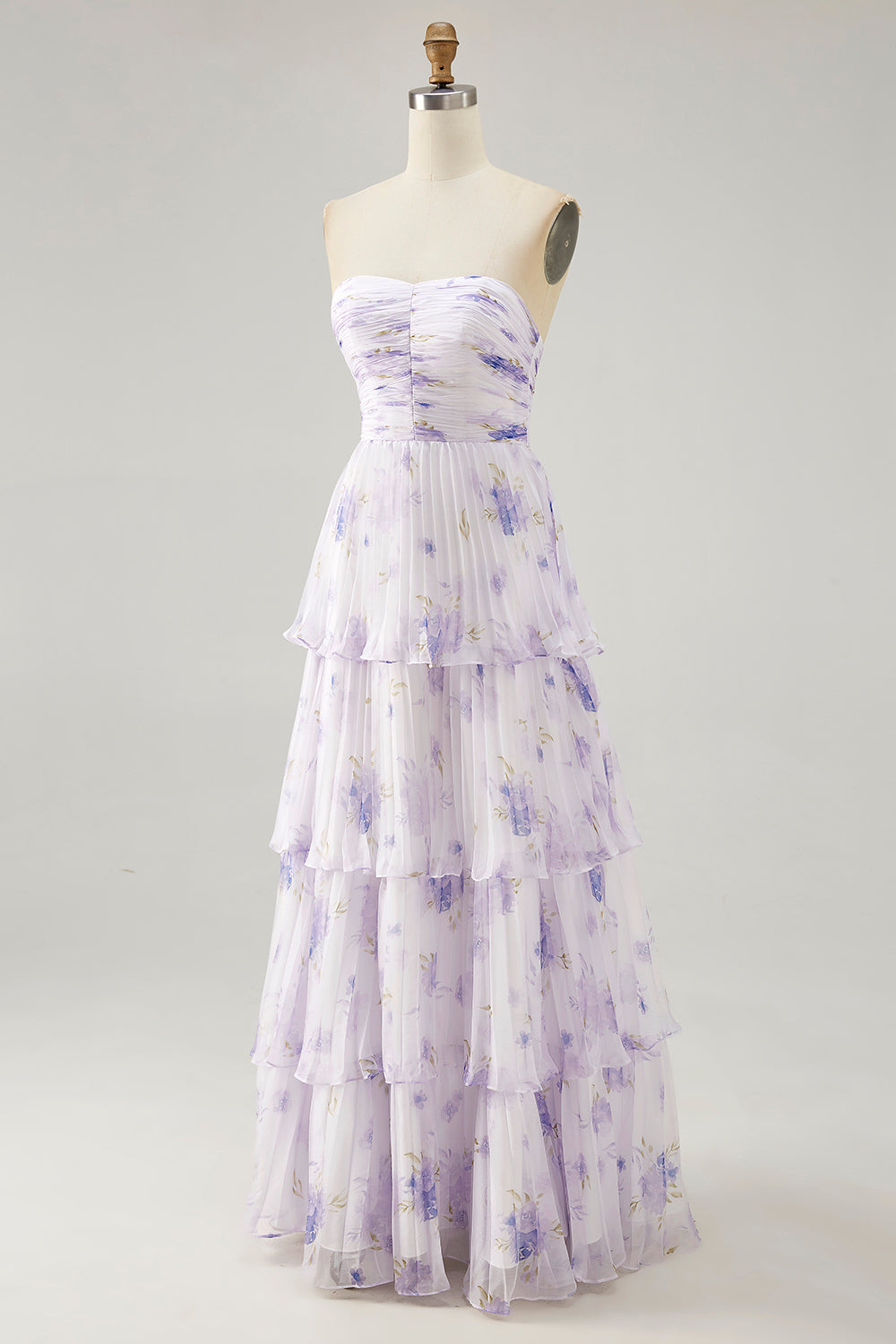 Lavender Floral Strapless Pleated Long Bridesmaid Dress with Ruffles