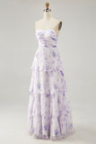 Lavender Floral Strapless Pleated Long Bridesmaid Dress with Ruffles