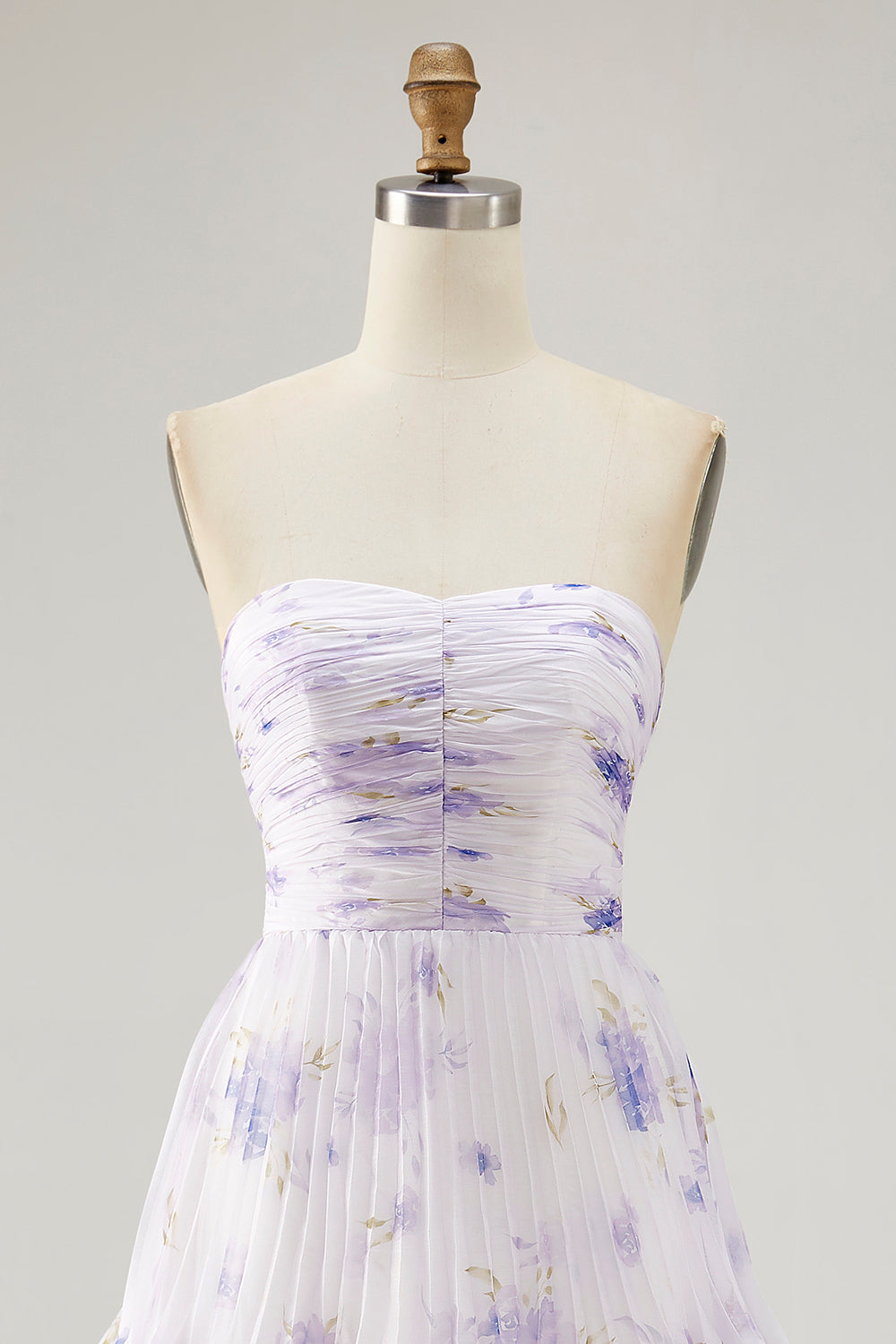 Lavender Floral Strapless Pleated Long Bridesmaid Dress with Ruffles