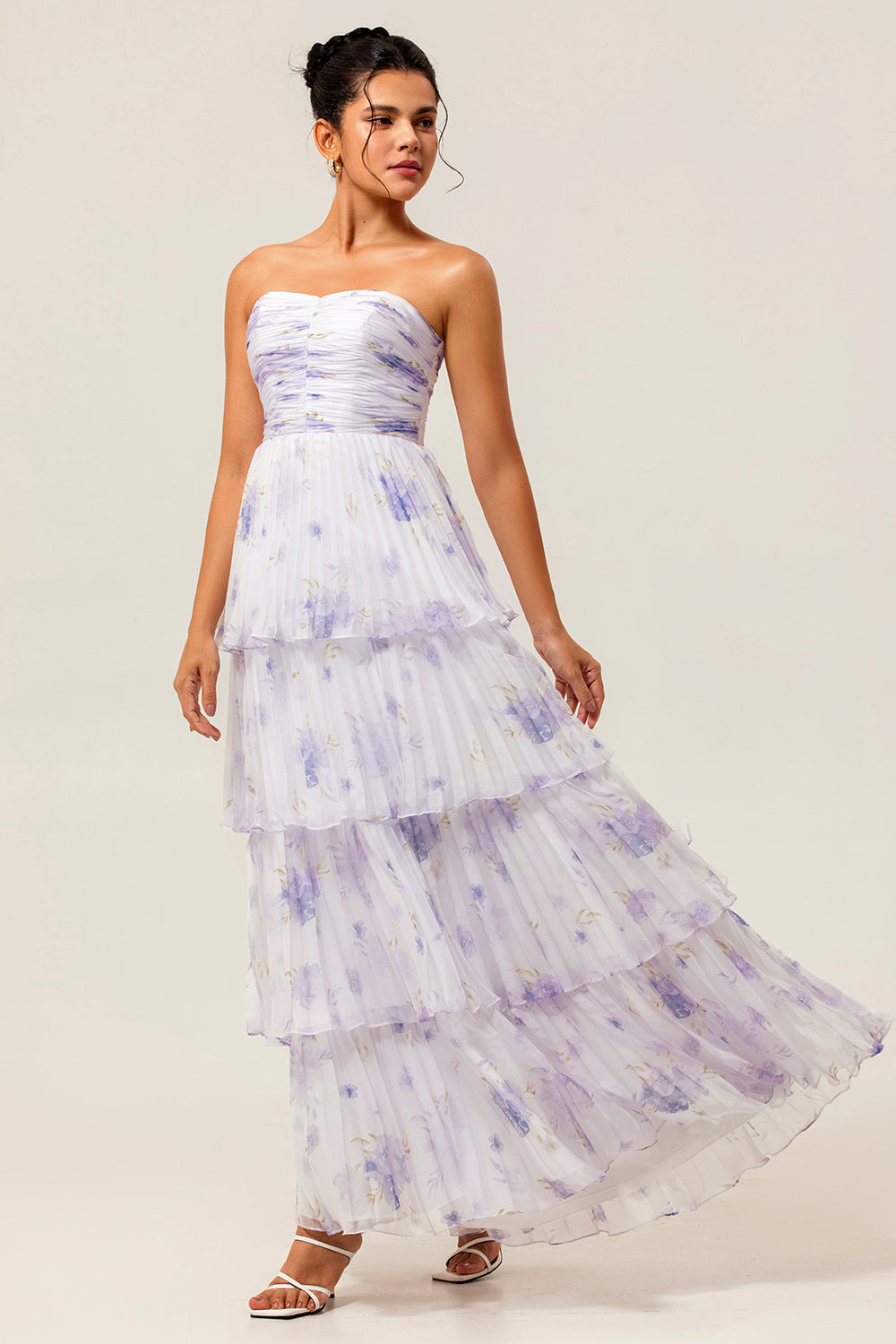 Lavender Floral A Line Long Pleated Bridesmaid Dress with Ruffles