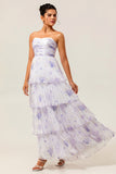 Lavender Floral A Line Long Pleated Bridesmaid Dress with Ruffles