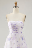 Lavender Floral Strapless Pleated Long Bridesmaid Dress with Ruffles
