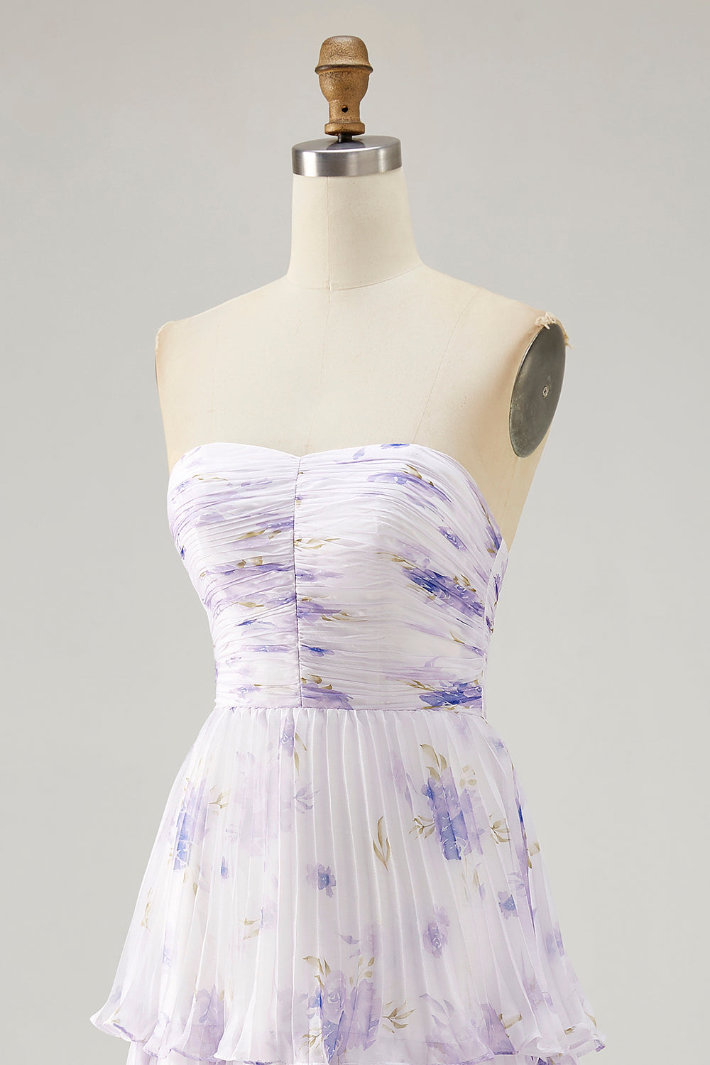 Lavender Floral Strapless Pleated Long Bridesmaid Dress with Ruffles