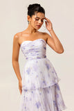 Lavender Floral A Line Long Pleated Bridesmaid Dress with Ruffles