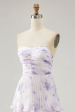Lavender Floral Strapless Pleated Long Bridesmaid Dress with Ruffles