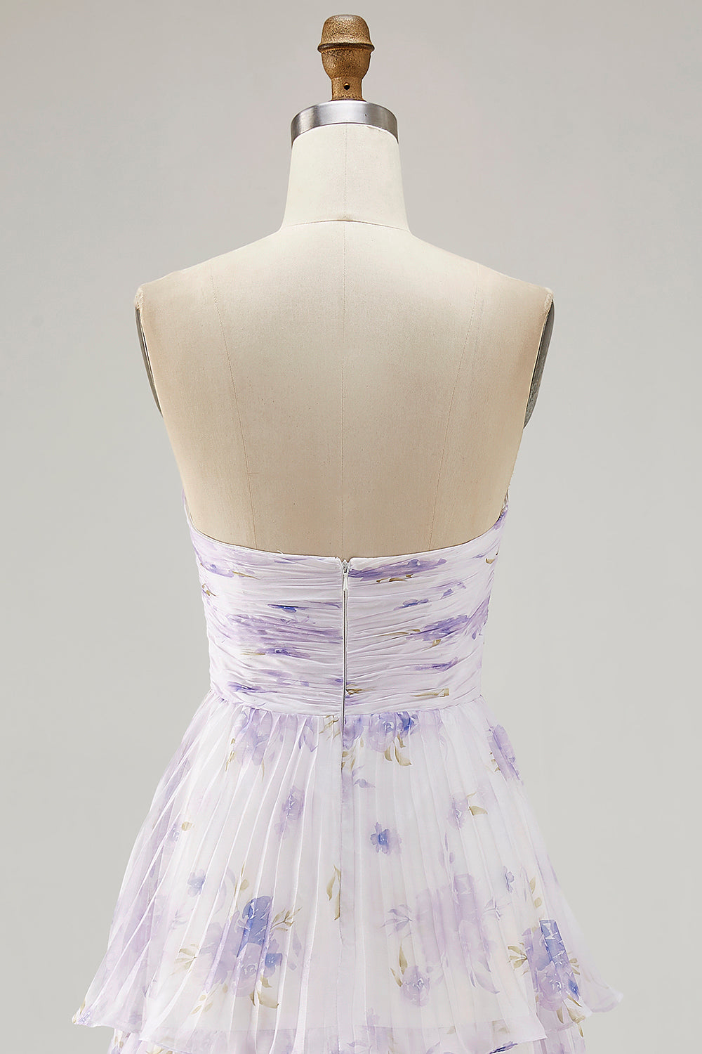 Lavender Floral Strapless Pleated Long Bridesmaid Dress with Ruffles