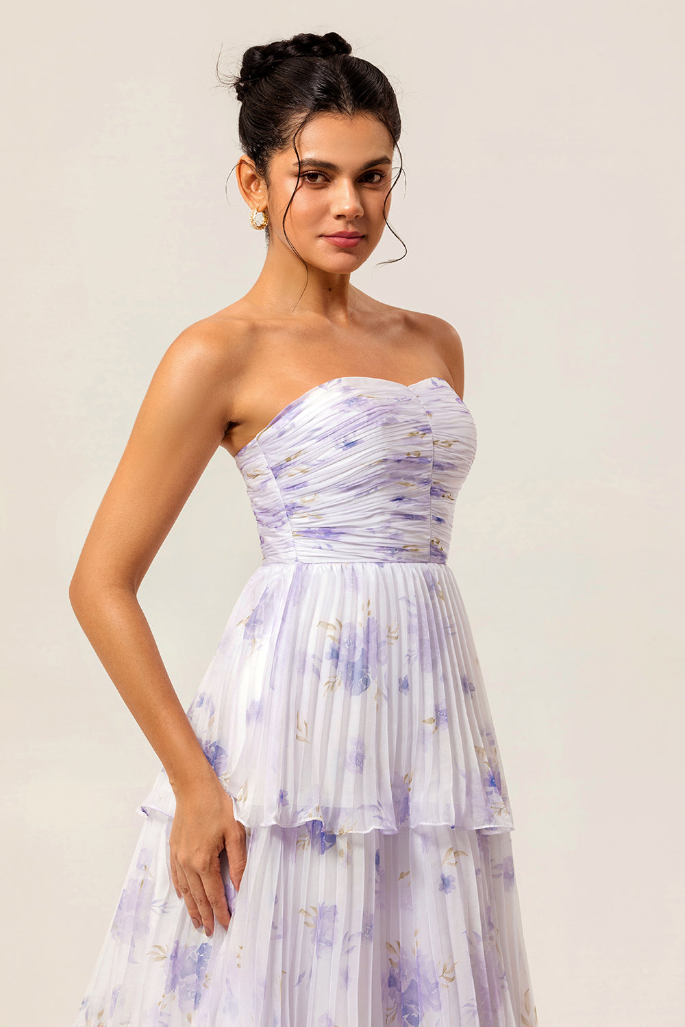 Lavender Floral A Line Long Pleated Bridesmaid Dress with Ruffles