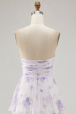 Lavender Floral Strapless Pleated Long Bridesmaid Dress with Ruffles