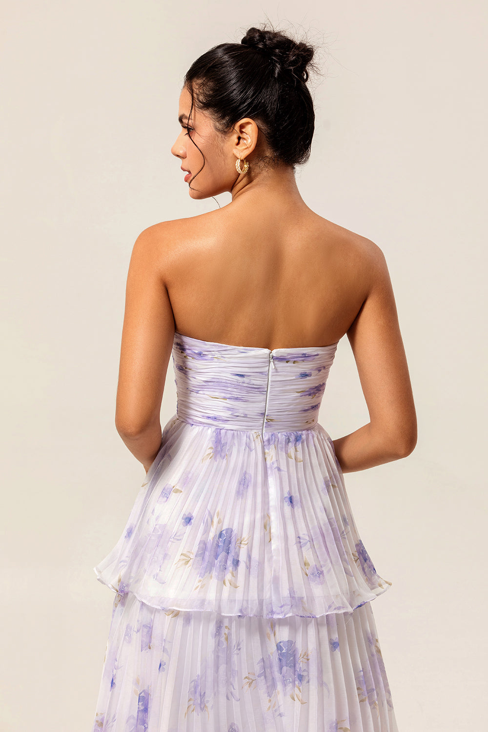 Lavender Floral A Line Long Pleated Bridesmaid Dress with Ruffles