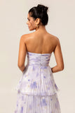 Lavender Floral A Line Long Pleated Bridesmaid Dress with Ruffles