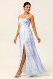 Blue Flower Chiffon Spaghetti Straps Long Bridesmaid Dress with Slit