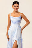 Blue Flower Chiffon Spaghetti Straps Long Bridesmaid Dress with Slit