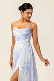 Blue Flower Chiffon Spaghetti Straps Long Bridesmaid Dress with Slit