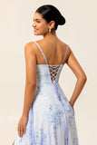 Blue Flower Chiffon Spaghetti Straps Long Bridesmaid Dress with Slit