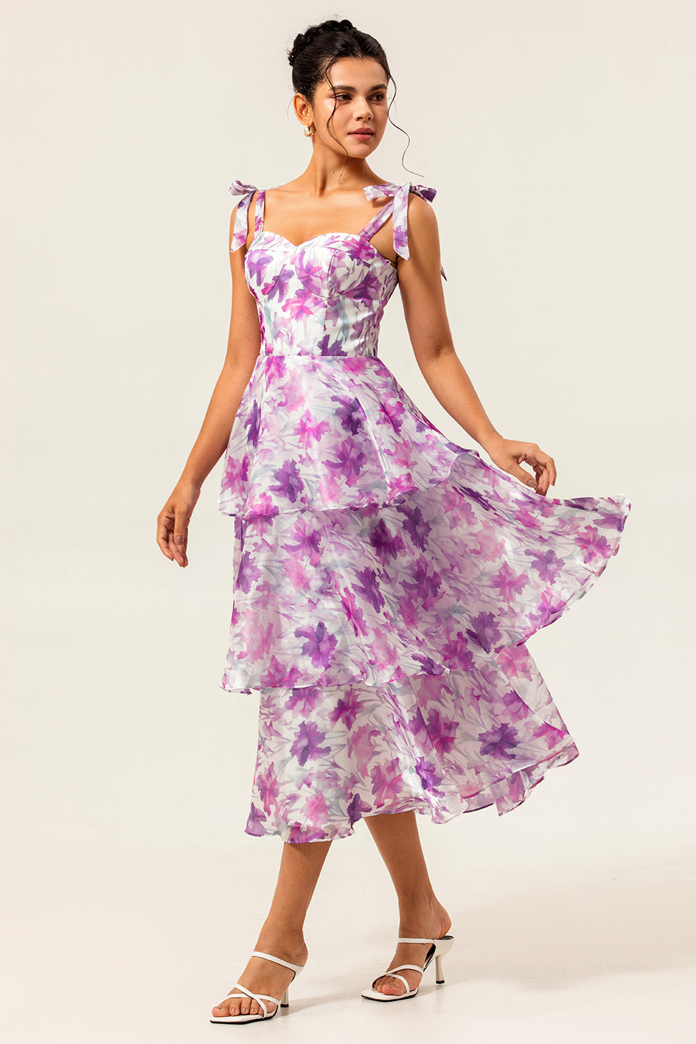 Purple Flower Ruffled A Line Midi Wedding Guest Dress