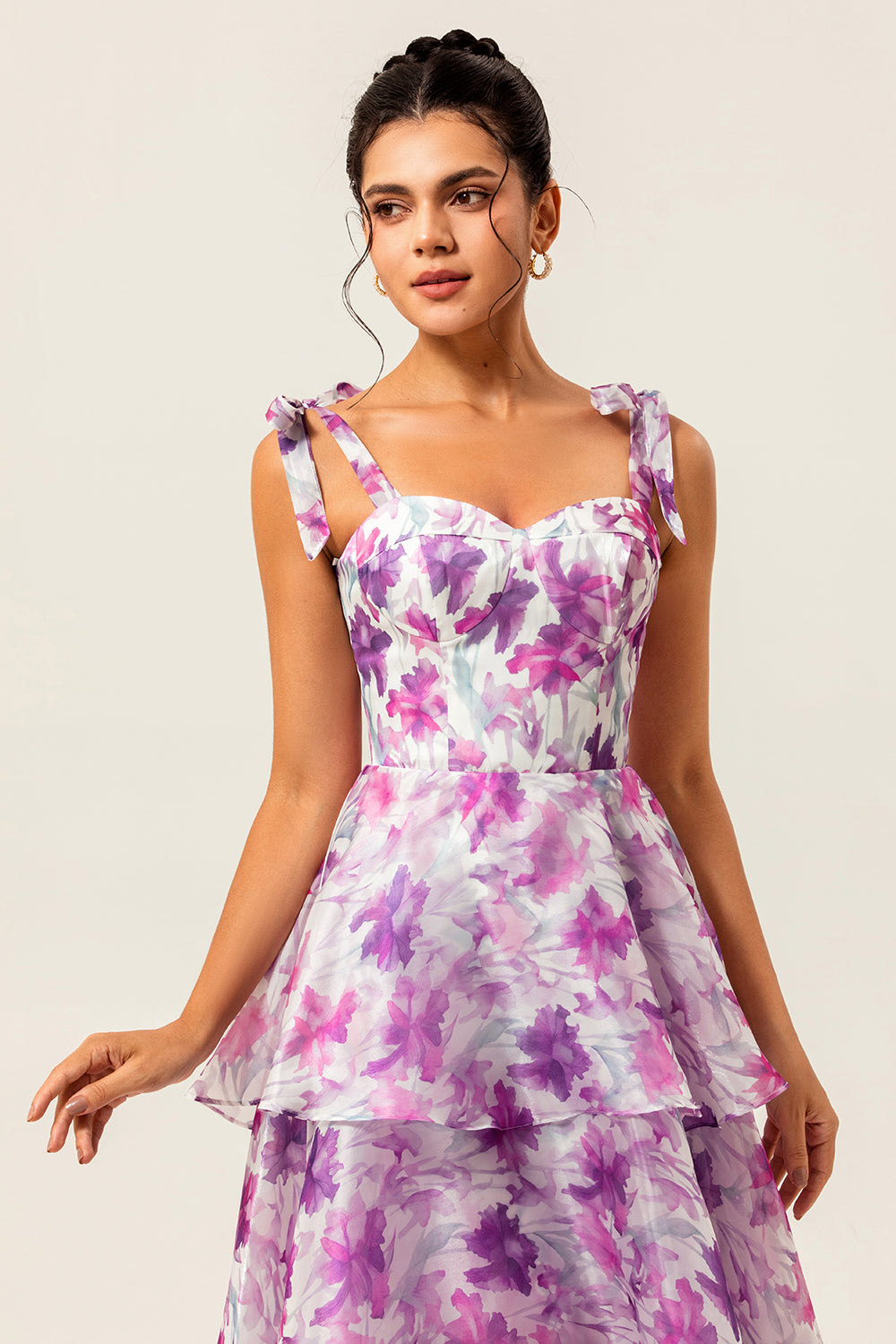 Purple Flower Ruffled A Line Midi Wedding Guest Dress