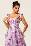 Purple Flower Ruffled A Line Midi Wedding Guest Dress