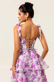 Purple Flower Ruffled A Line Midi Wedding Guest Dress