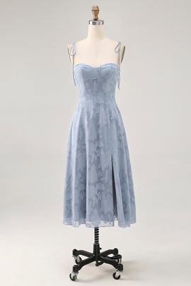 Dusty Blue Lace Spaghetti Straps Midi Wedding Guest Dress with Slit