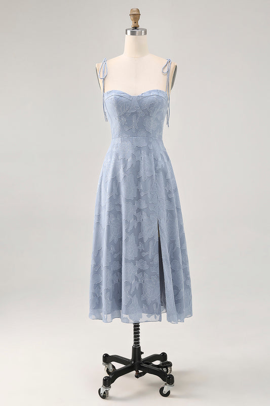 Dusty Blue Lace Spaghetti Straps Midi Wedding Guest Dress with Slit