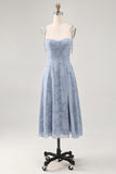 Dusty Blue Lace Spaghetti Straps Midi Wedding Guest Dress with Slit