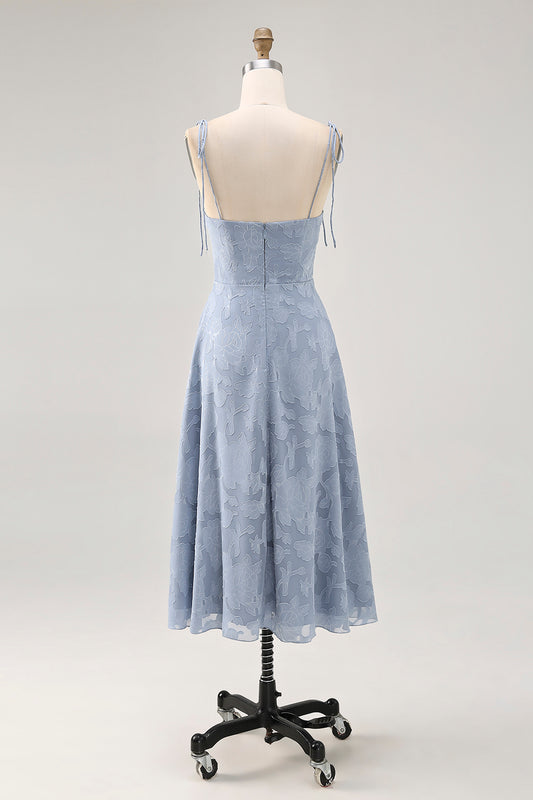 Dusty Blue Lace Spaghetti Straps Midi Wedding Guest Dress with Slit