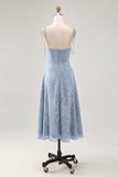 Dusty Blue Lace Spaghetti Straps Midi Wedding Guest Dress with Slit