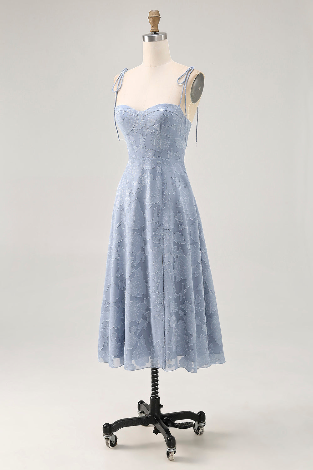 Dusty Blue Lace Spaghetti Straps Midi Wedding Guest Dress with Slit