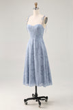 Dusty Blue Lace Spaghetti Straps Midi Wedding Guest Dress with Slit