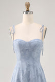 Dusty Blue Lace Spaghetti Straps Midi Wedding Guest Dress with Slit