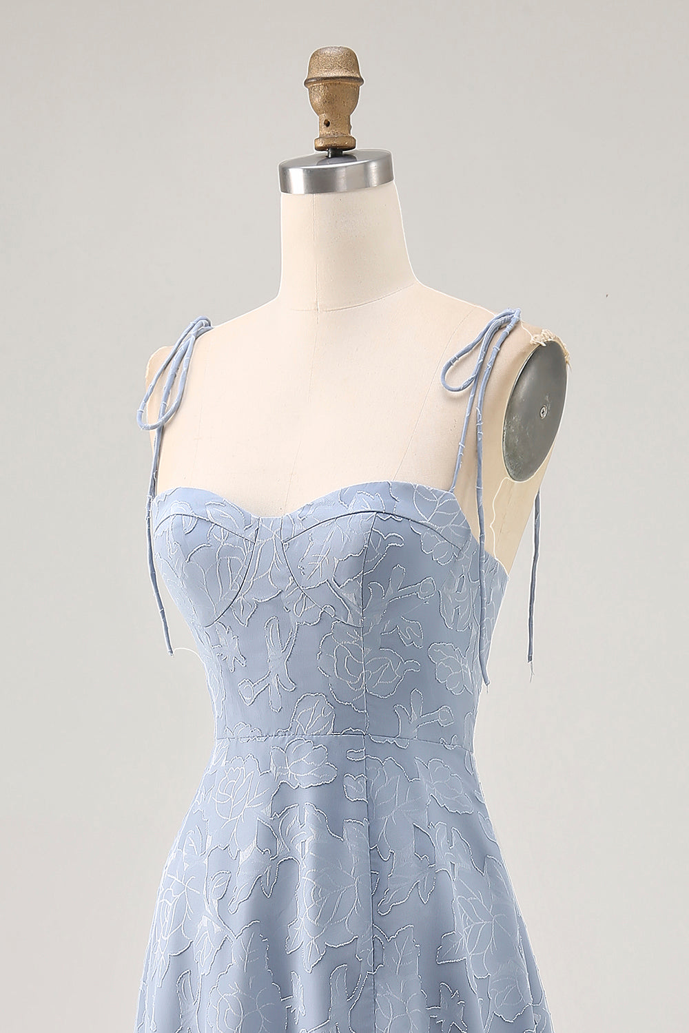 Dusty Blue Lace Spaghetti Straps Midi Wedding Guest Dress with Slit
