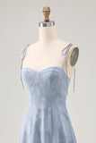 Dusty Blue Lace Spaghetti Straps Midi Wedding Guest Dress with Slit