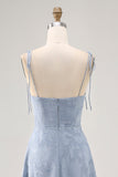 Dusty Blue Lace Spaghetti Straps Midi Wedding Guest Dress with Slit