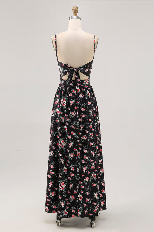 Black Floral Cut Out A Line Long Wedding Guest Dress with Slit