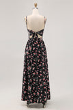 Black Floral Cut Out A Line Long Wedding Guest Dress with Slit