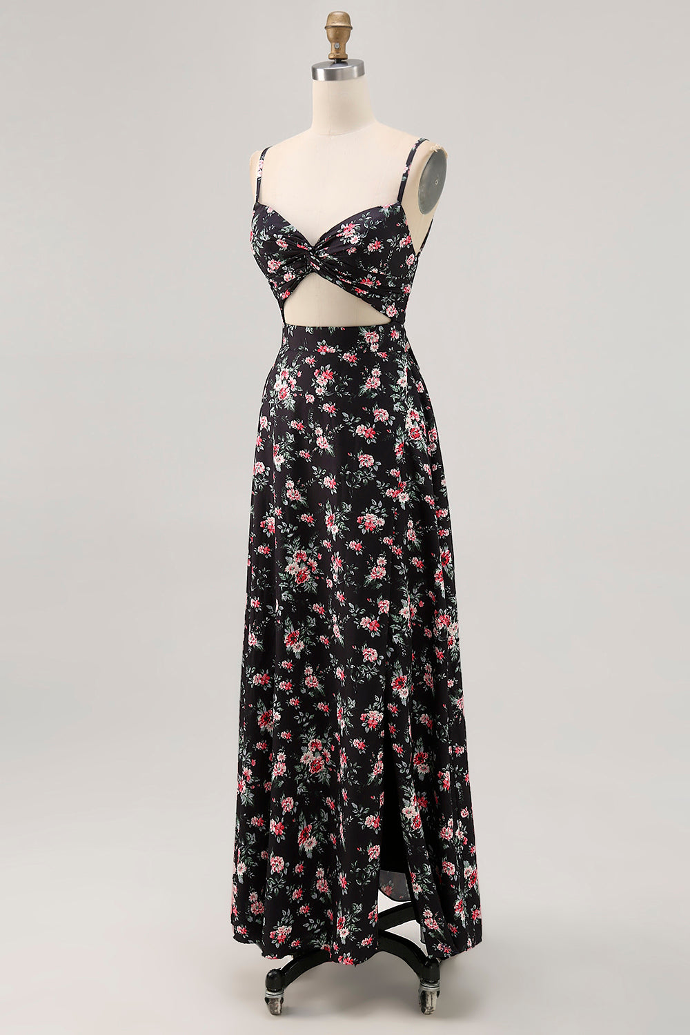 Black Floral Cut Out A Line Long Wedding Guest Dress with Slit