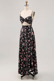 Black Floral Cut Out A Line Long Wedding Guest Dress with Slit