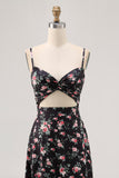 Black Floral Cut Out A Line Long Wedding Guest Dress with Slit