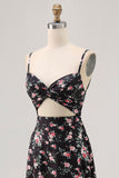 Black Floral Cut Out A Line Long Wedding Guest Dress with Slit