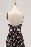 Black Floral Cut Out A Line Long Wedding Guest Dress with Slit