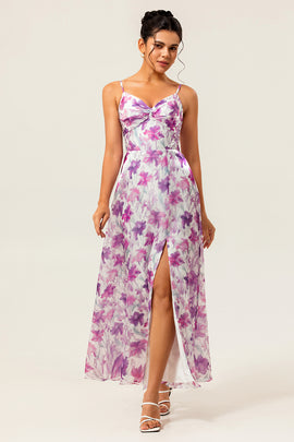 Purple Floral Chiffon Long Ruched Wedding Guest Dress with Slit