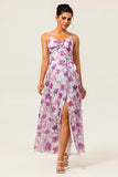 Purple Floral Chiffon Long Ruched Wedding Guest Dress with Slit