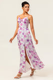 Purple Floral Chiffon Long Ruched Wedding Guest Dress with Slit