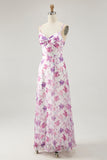 Purple Floral Chiffon Ruched Spaghetti Straps Long Wedding Guest Dress