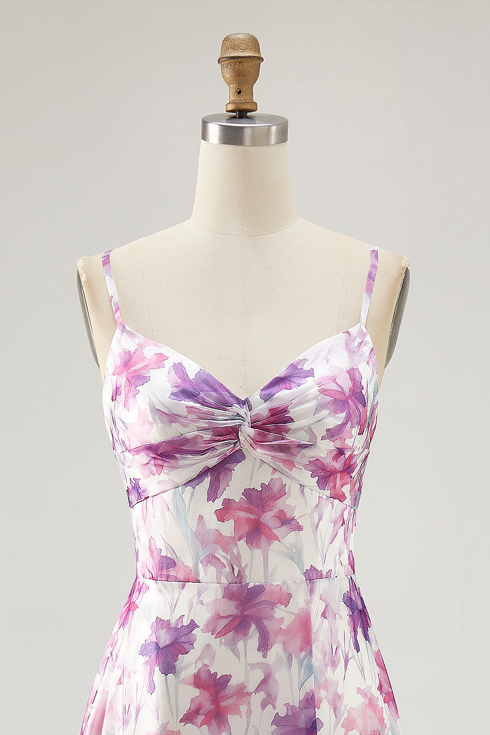 Purple Floral Chiffon Ruched Spaghetti Straps Long Wedding Guest Dress