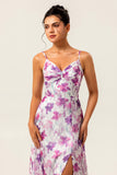 Purple Floral Chiffon Long Ruched Wedding Guest Dress with Slit
