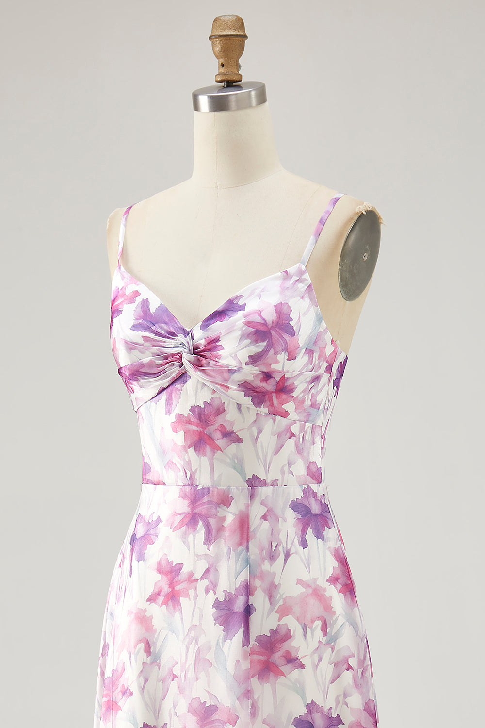 Purple Floral Chiffon Ruched Spaghetti Straps Long Wedding Guest Dress